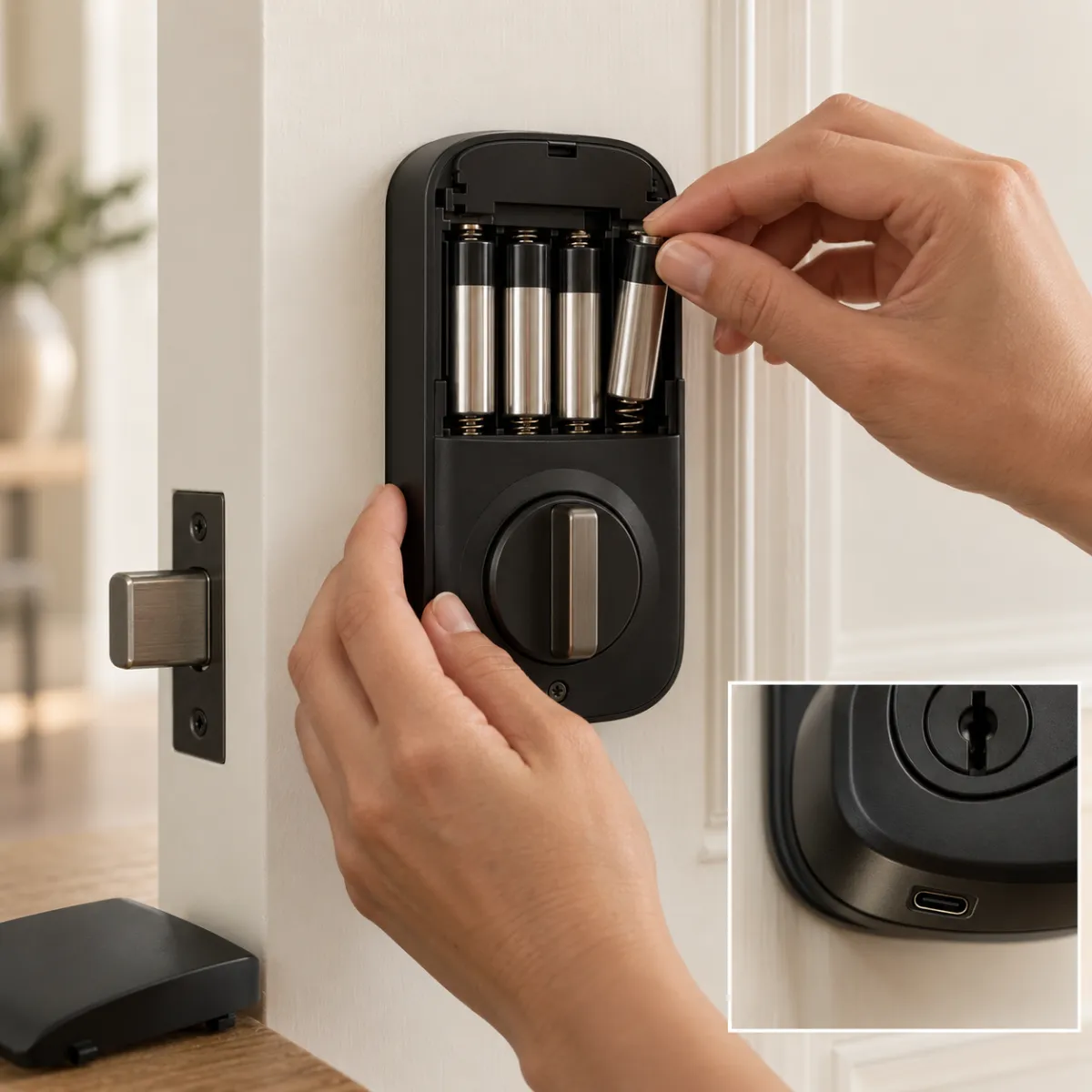 Opening the interior battery cover of a fingerprint door lock to replace AA batteries