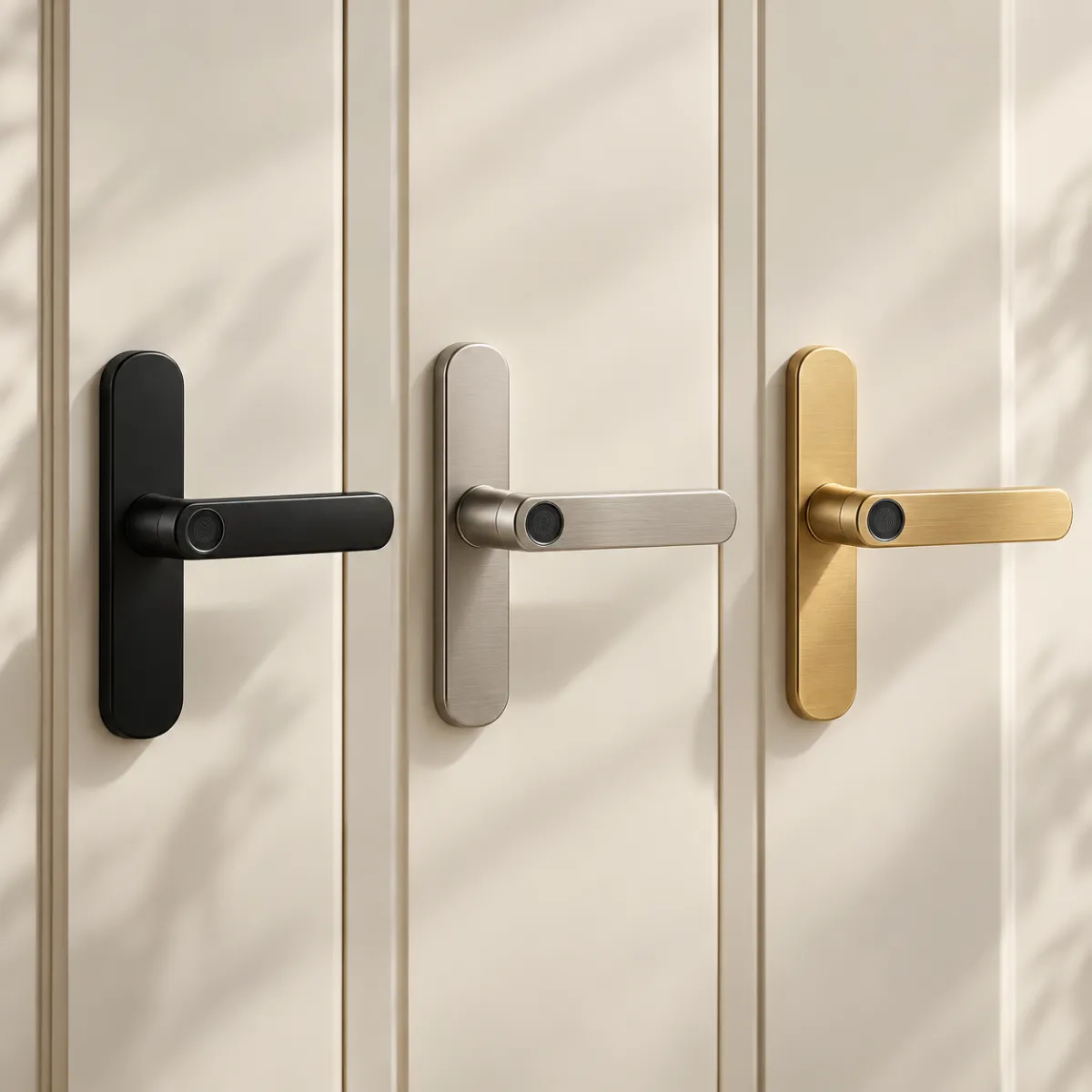 Smart door lock handle sets in matte black, satin nickel and brushed brass finishes