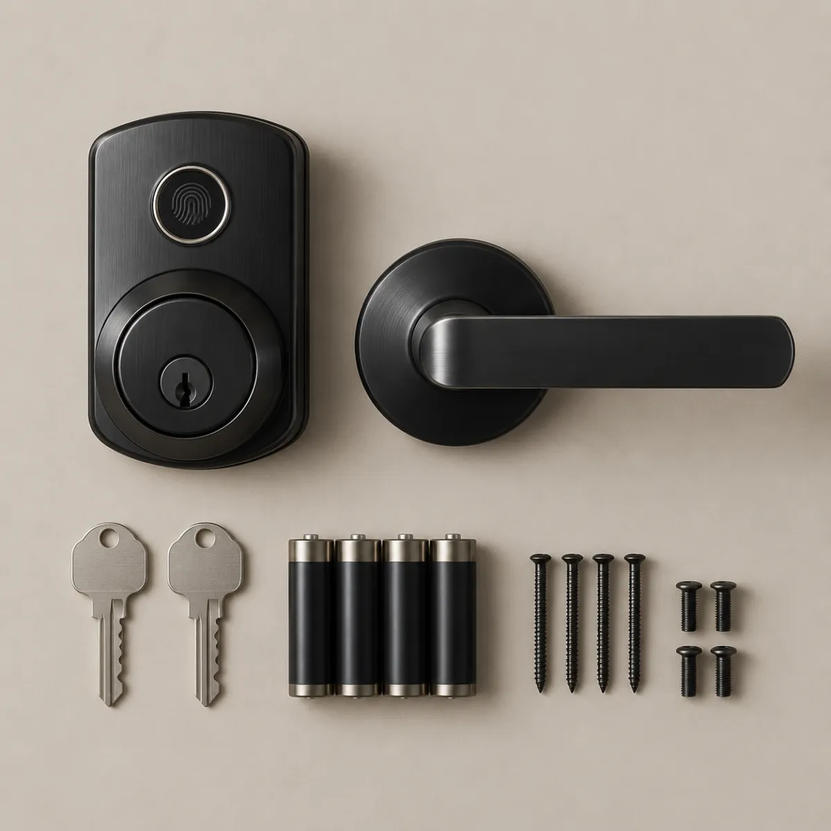 Fingerprint door lock set with deadbolt and lever handle laid out with batteries and keys