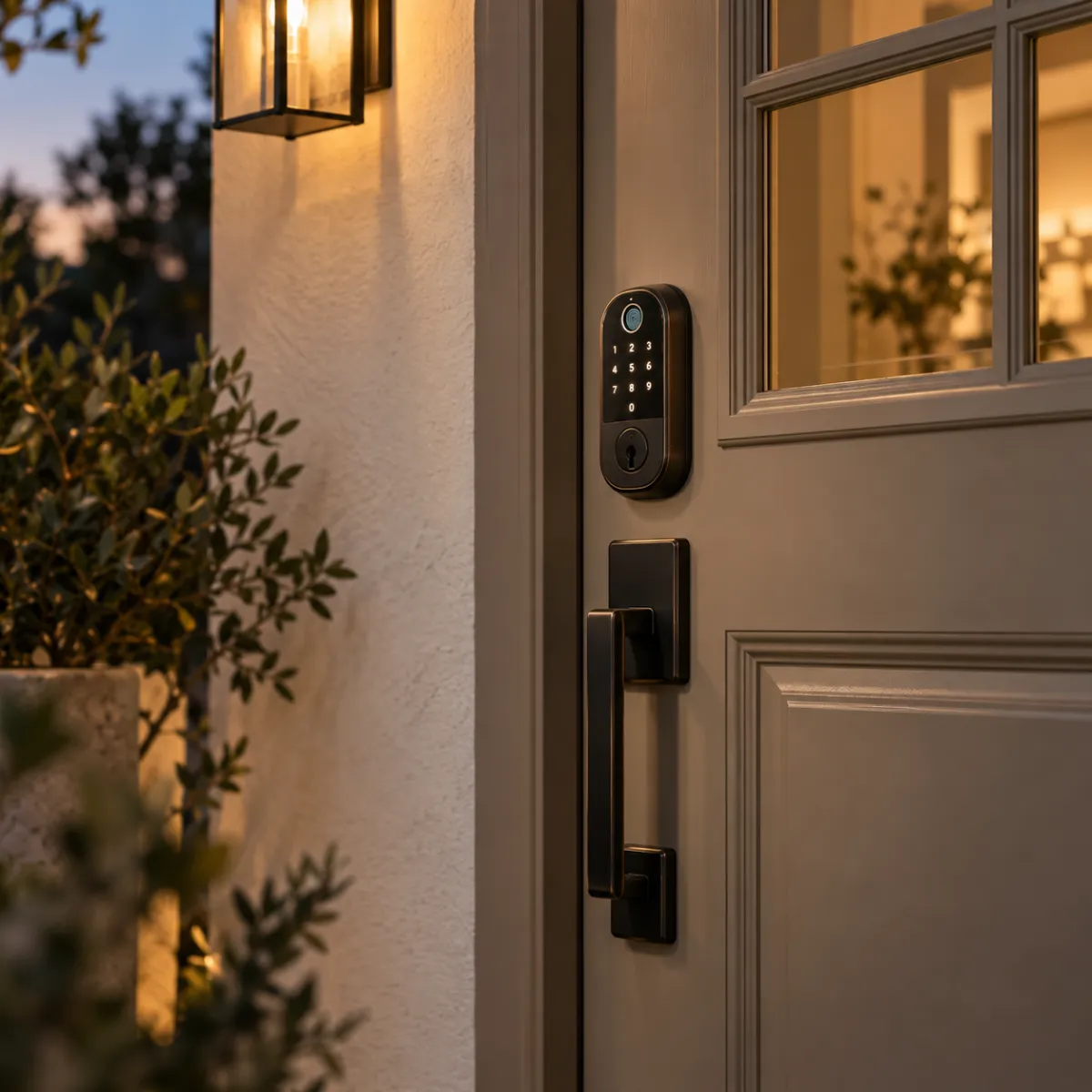 Matte black fingerprint door lock on a front door at dusk with porch light