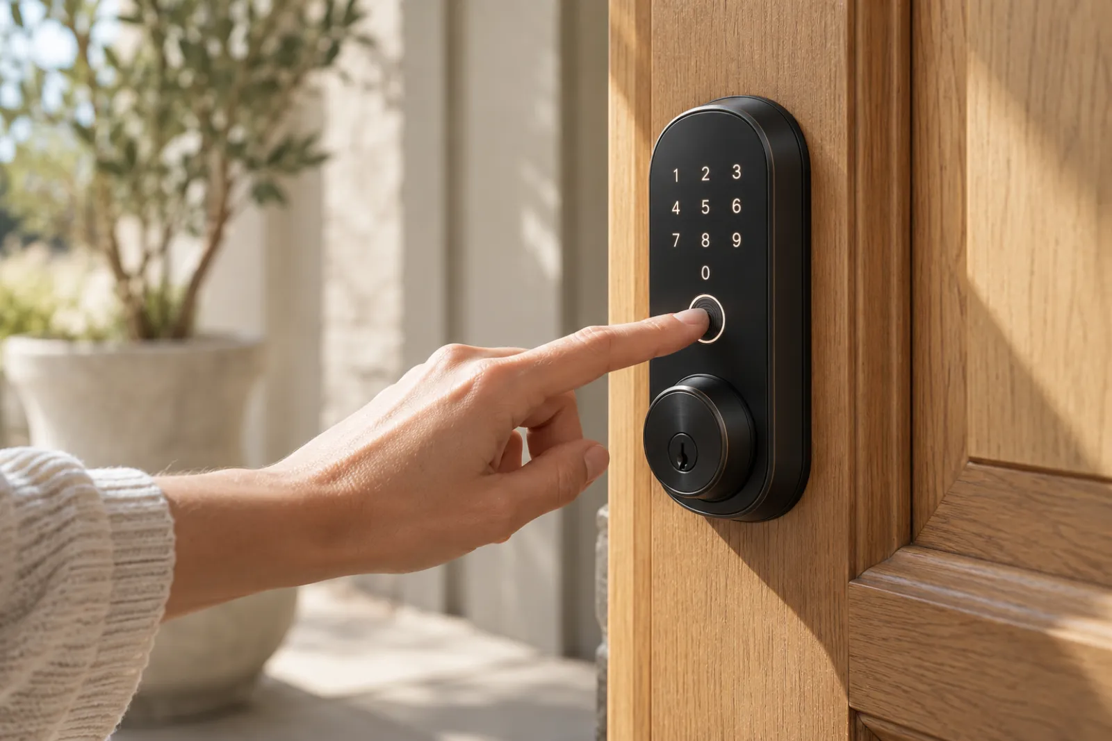 Matte black fingerprint door lock with keypad installed on a modern front door