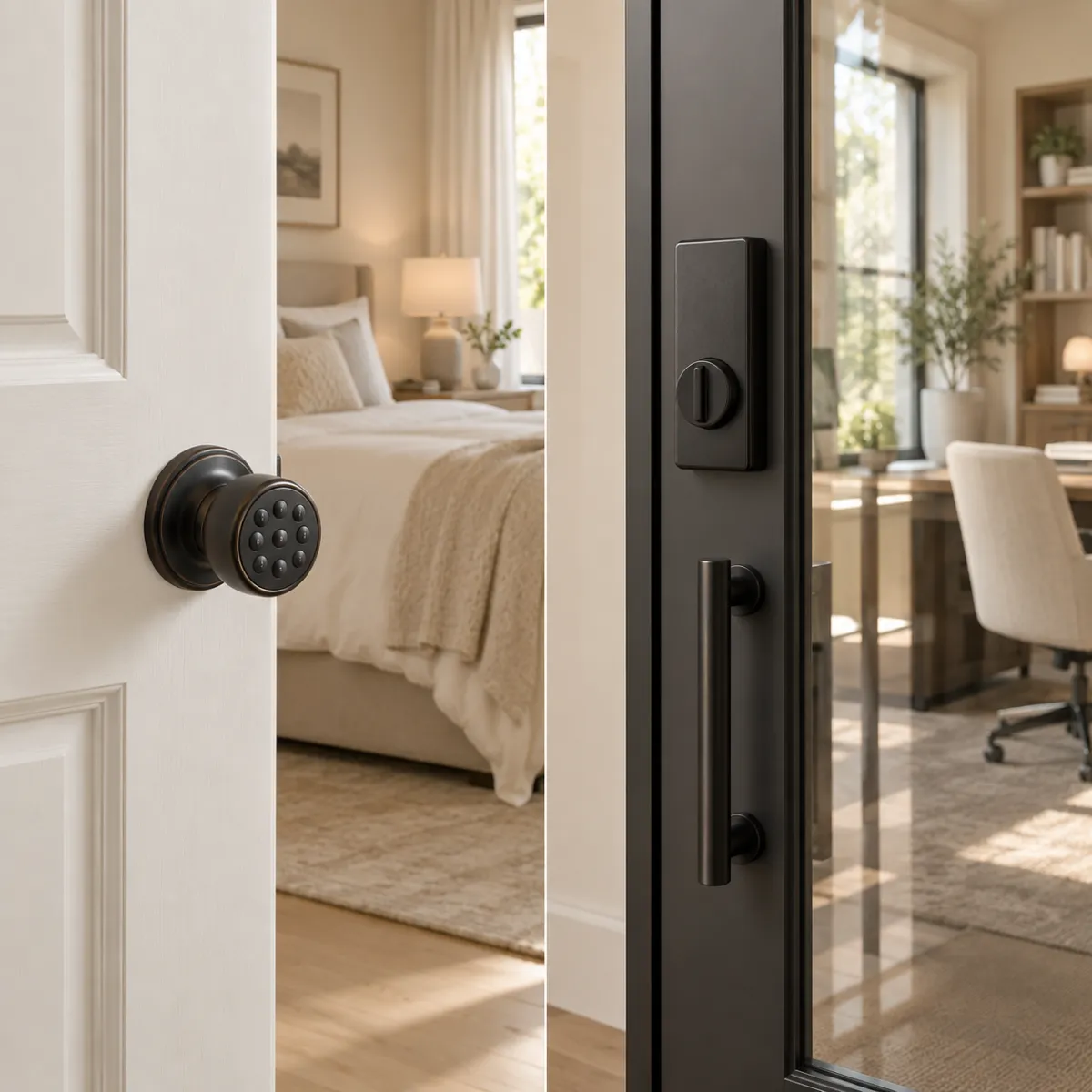 Fingerprint keyless door knob on a bedroom door and a smart deadbolt on an office entrance