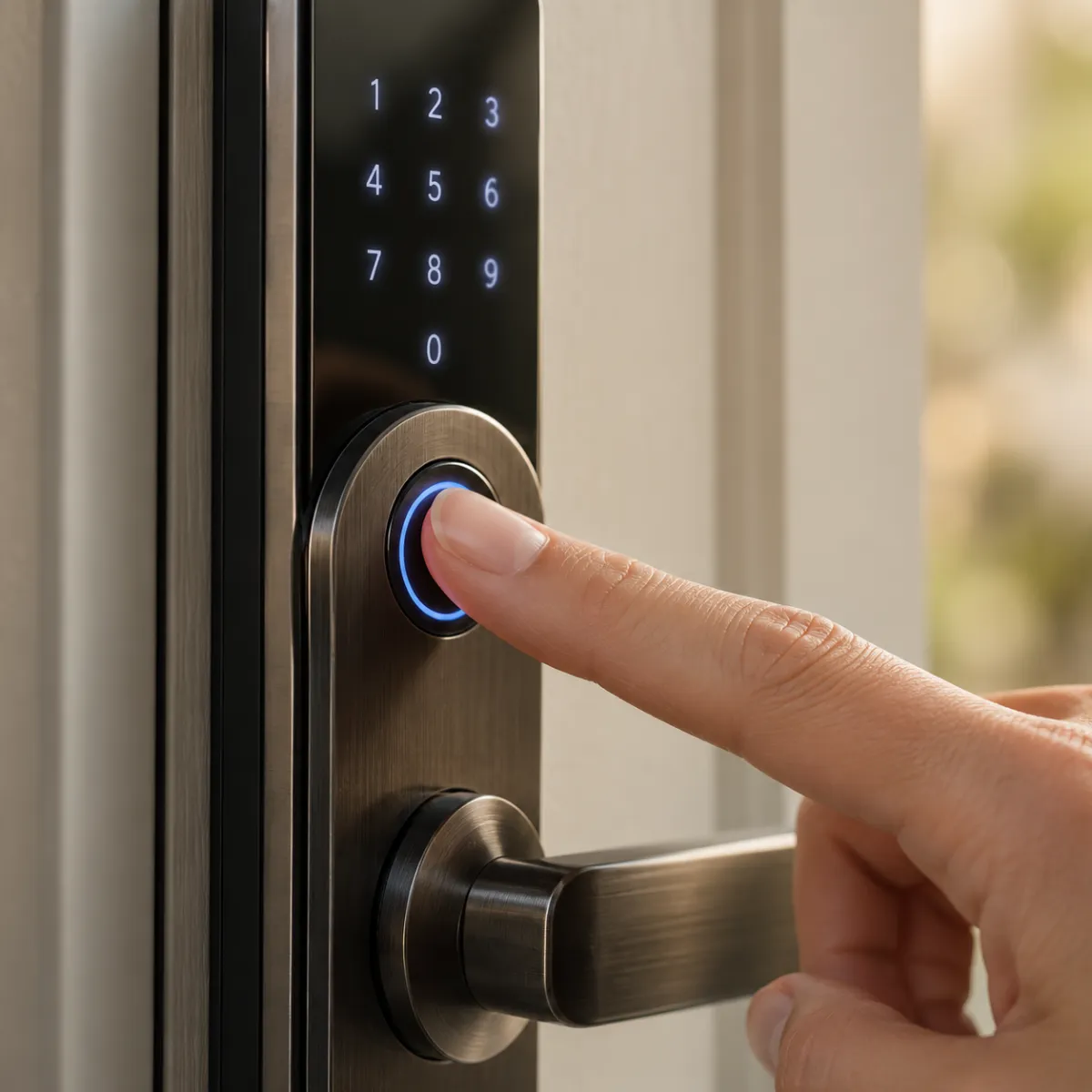 Finger pressing the capacitive fingerprint sensor of a smart door lock