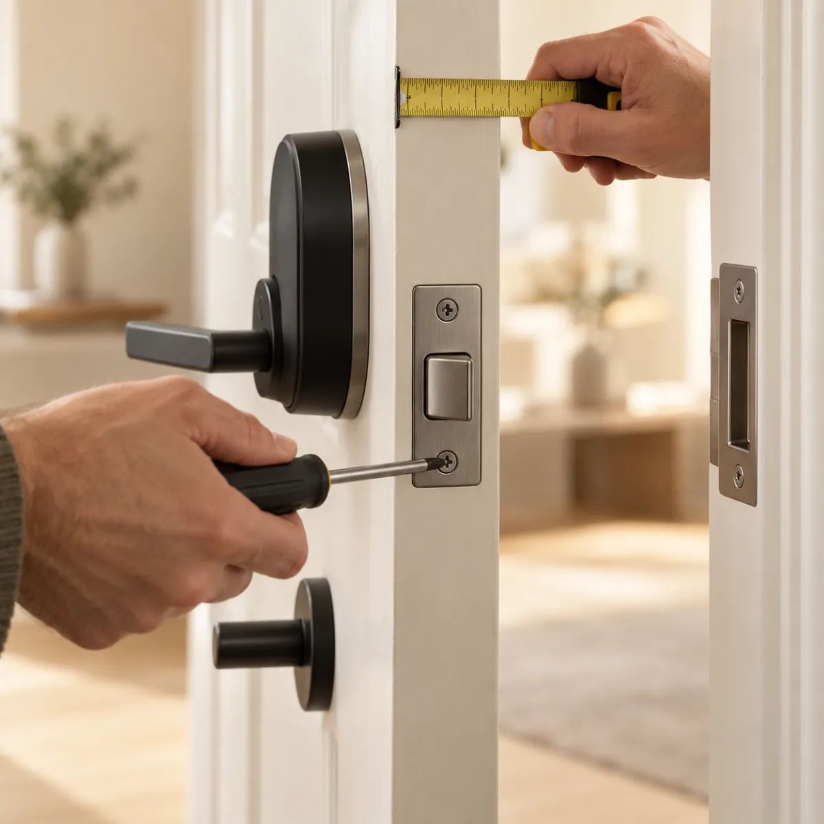 DIY installation of a fingerprint deadbolt with a screwdriver and tape measure