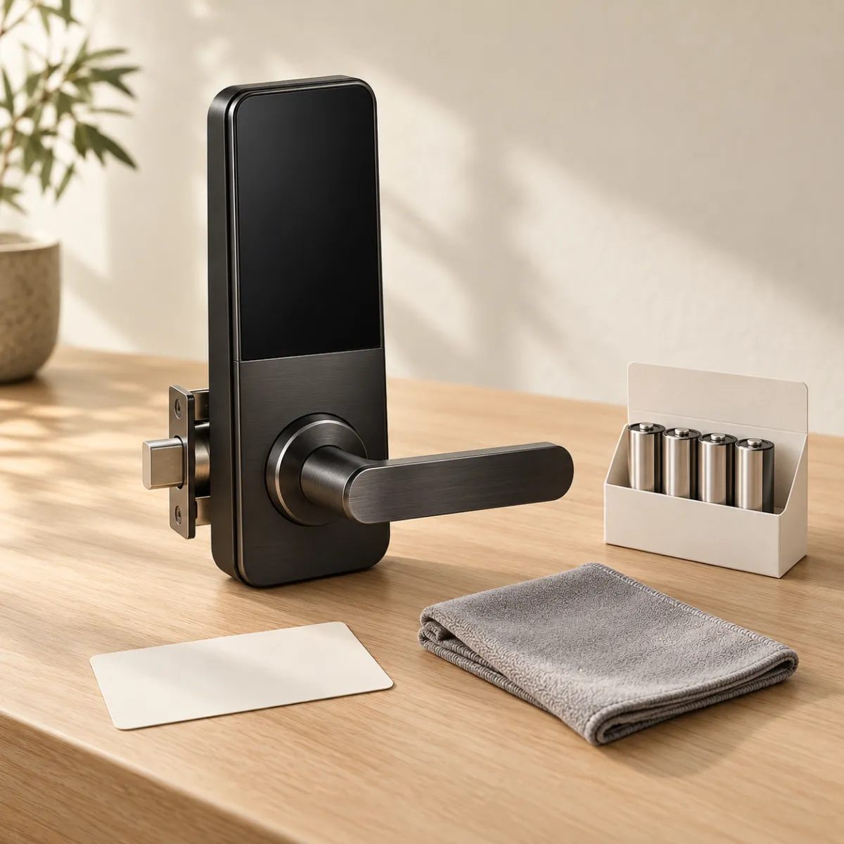 Fingerprint door lock with spare batteries and warranty card representing total cost of ownership