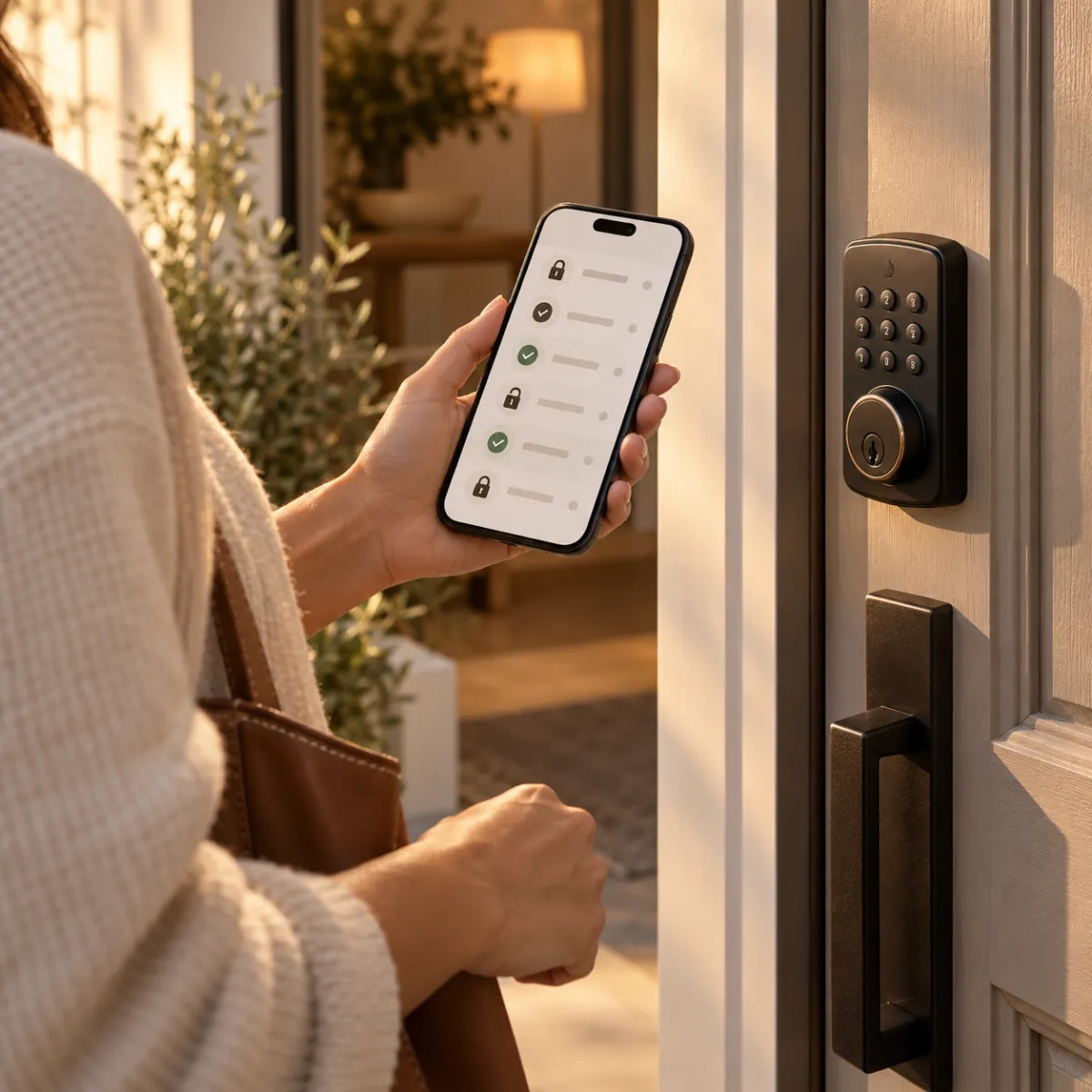 Homeowner checking a smart lock activity log on a phone next to the front door