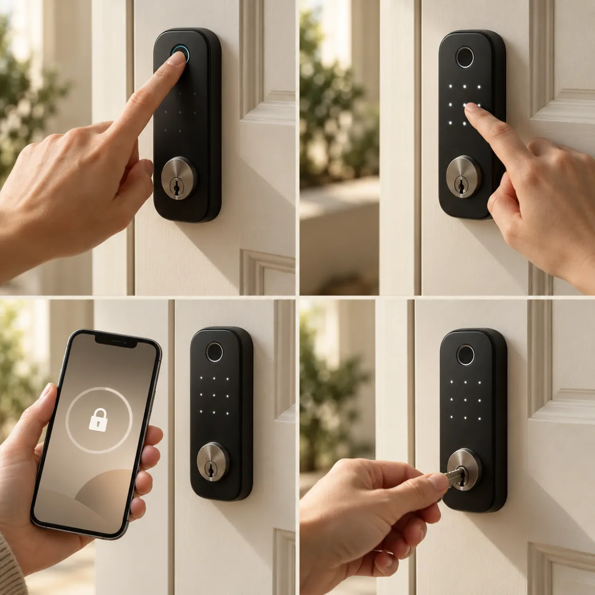 Ways to unlock a smart lock: fingerprint, keypad code, phone app and backup key