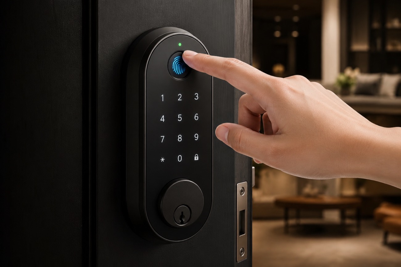 Matte black fingerprint door lock — front view